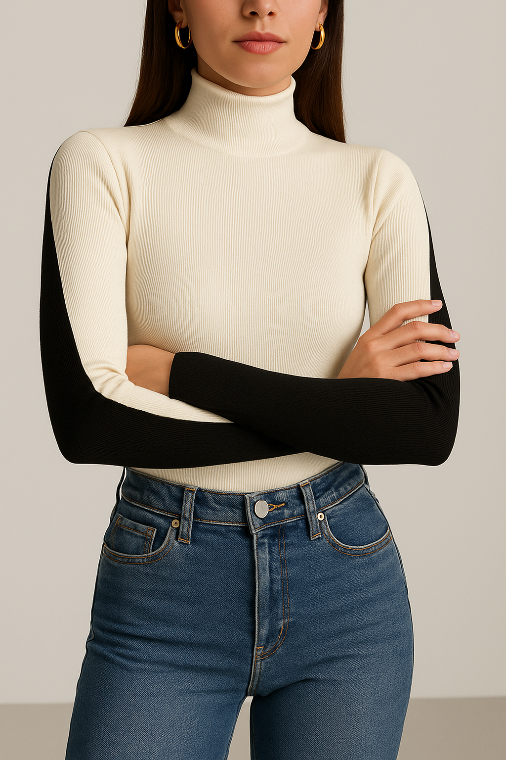 Mock Neck Contrast Sleeve Top