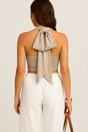 Linen Blend Crisscross Halter Crop Top