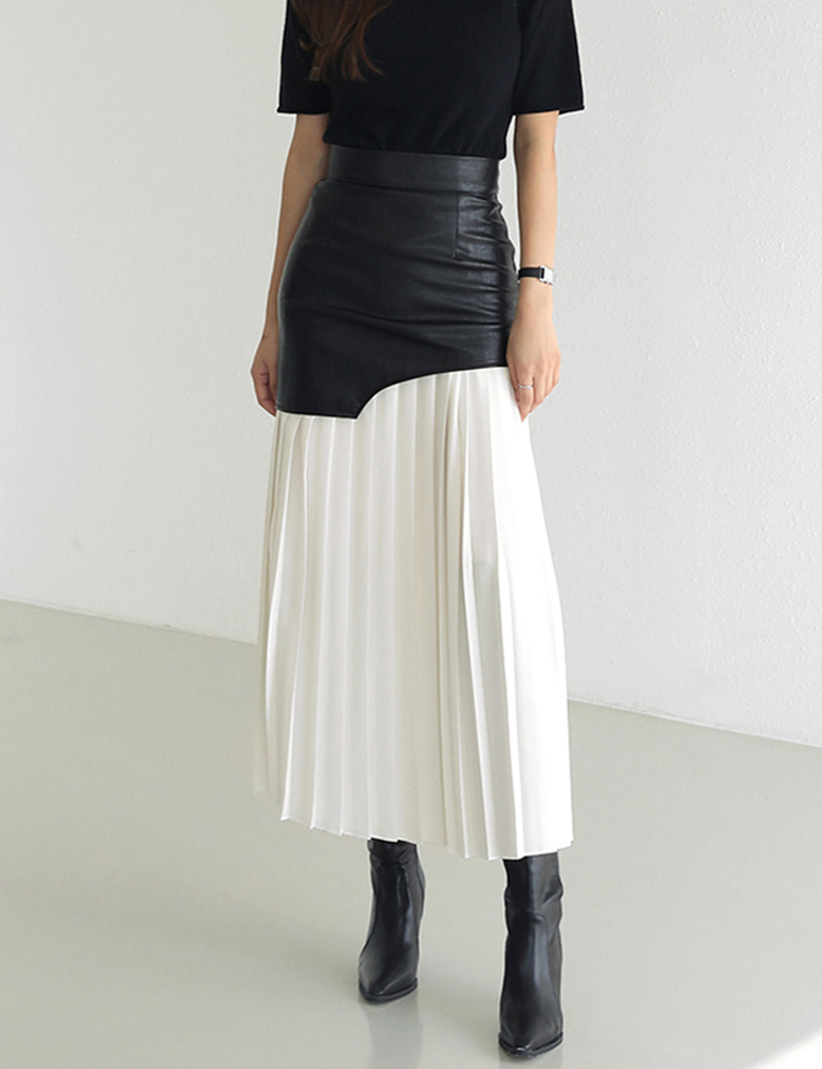 Asymmetric Faux Leather Pleated Maxi Skirt