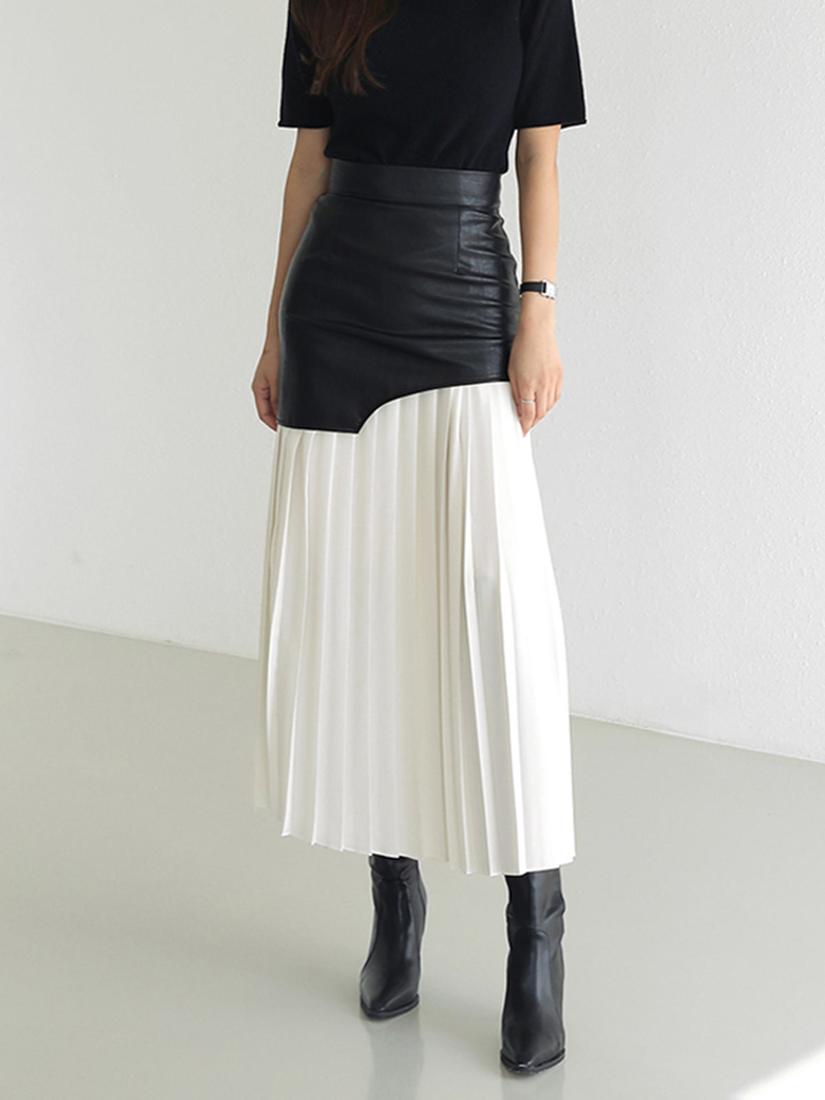 Asymmetric Faux Leather Pleated Maxi Skirt