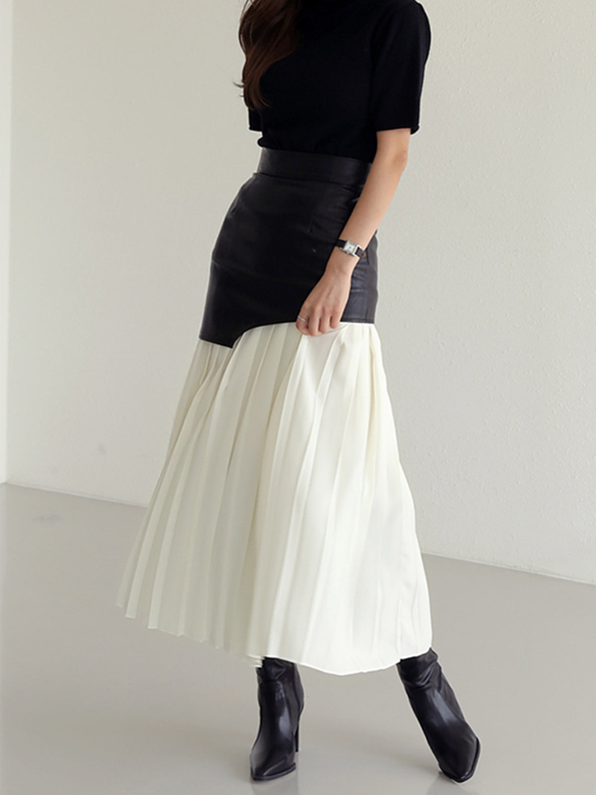 Asymmetric Faux Leather Pleated Maxi Skirt