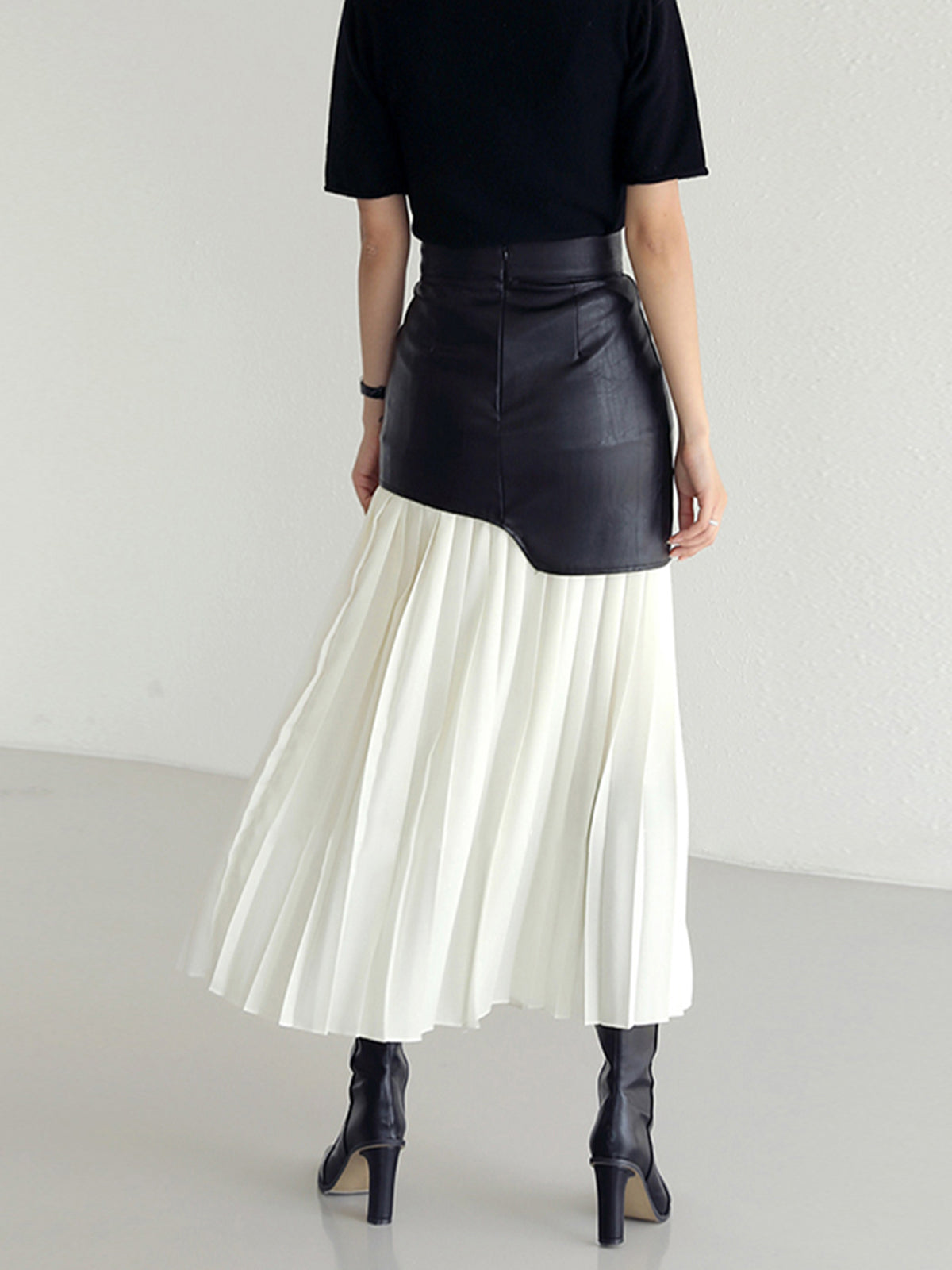Asymmetric Faux Leather Pleated Maxi Skirt