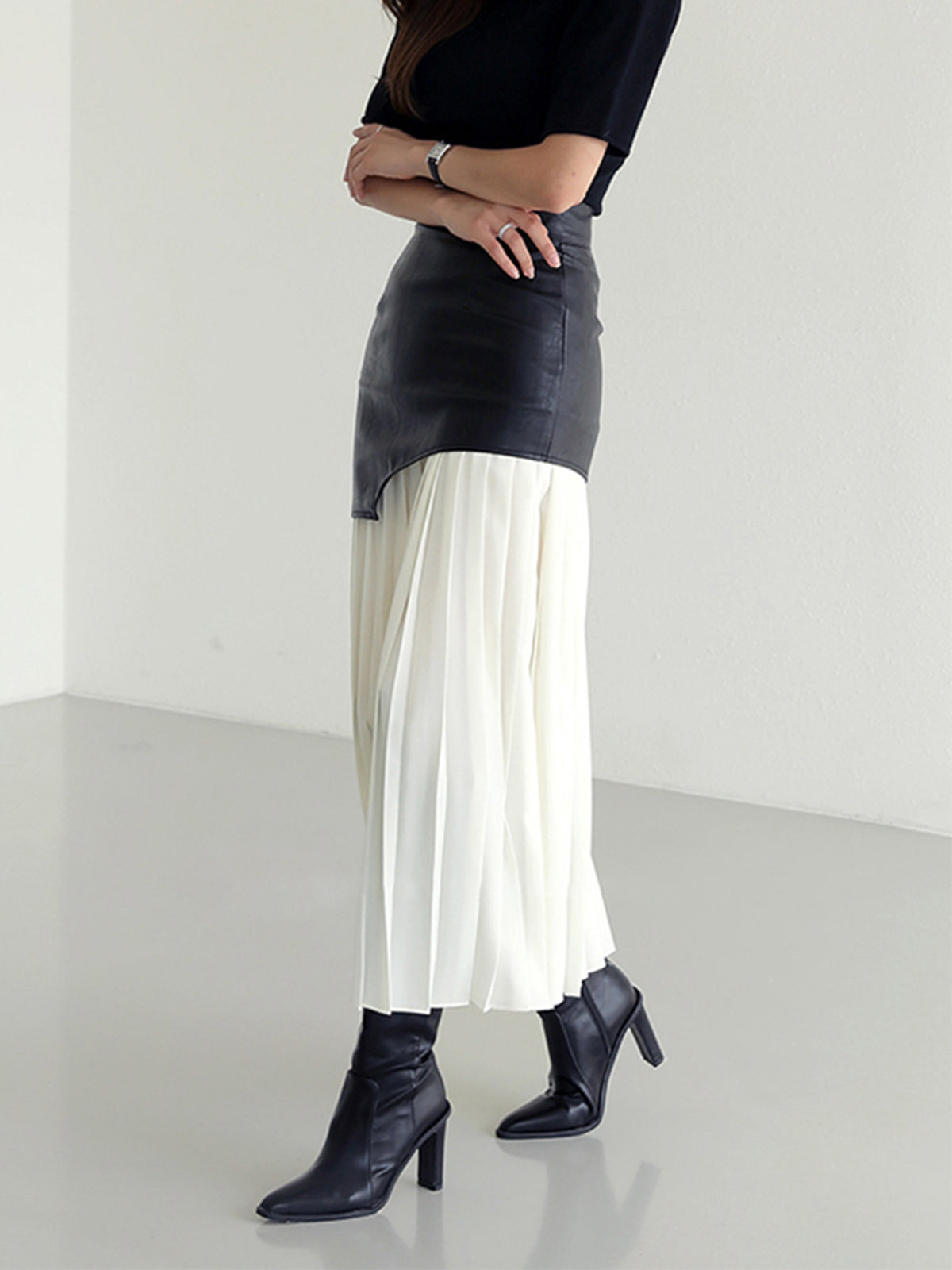 Asymmetric Faux Leather Pleated Maxi Skirt