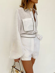 Contrast Trim Cotton Linen Shorts Set