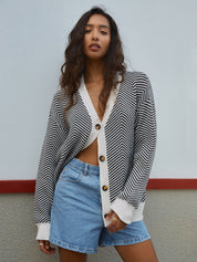 Chevron Contrast Button-Up Cardigan