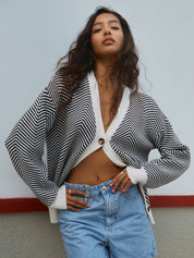 Chevron Contrast Button-Up Cardigan