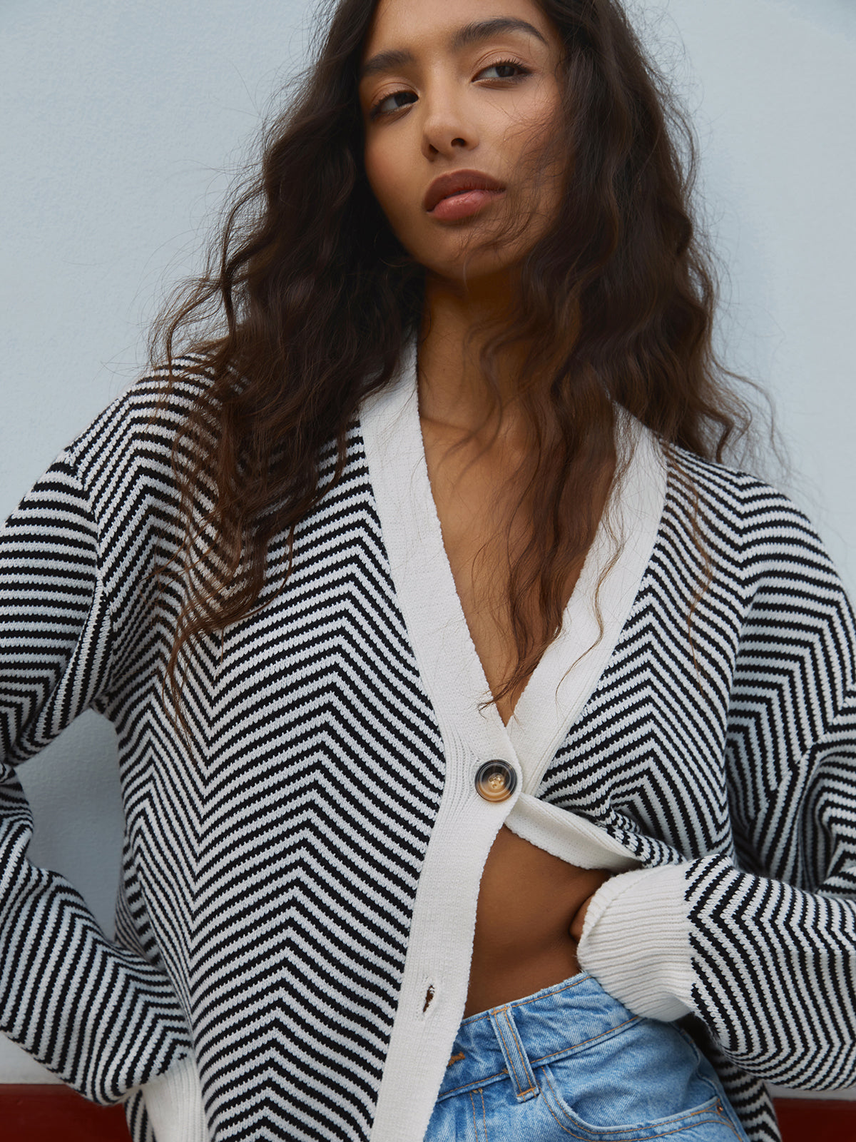 Chevron Contrast Button-Up Cardigan