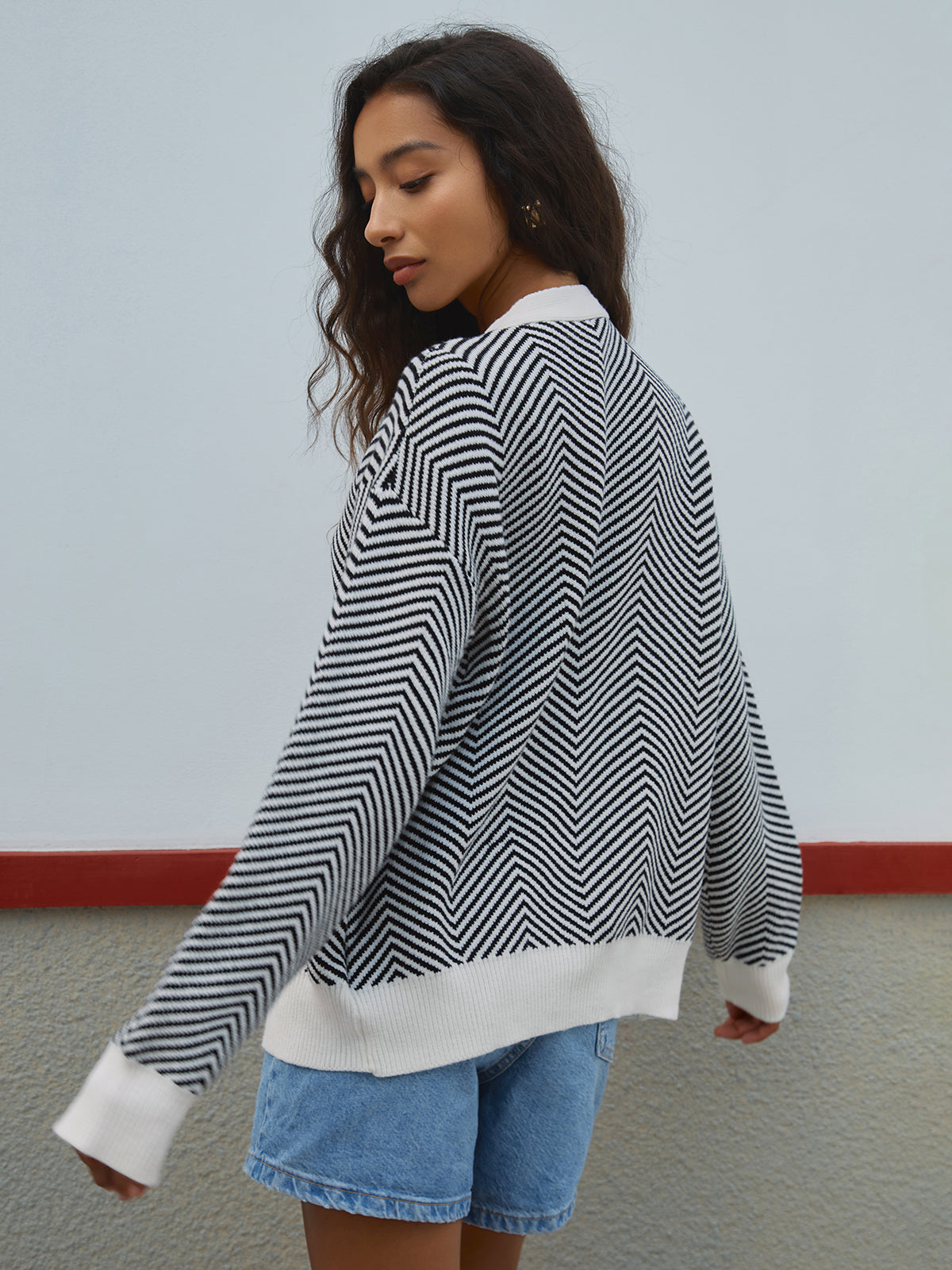 Chevron Contrast Button-Up Cardigan