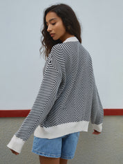 Chevron Contrast Button-Up Cardigan
