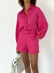 Contrast Trim Cotton Linen Shorts Set