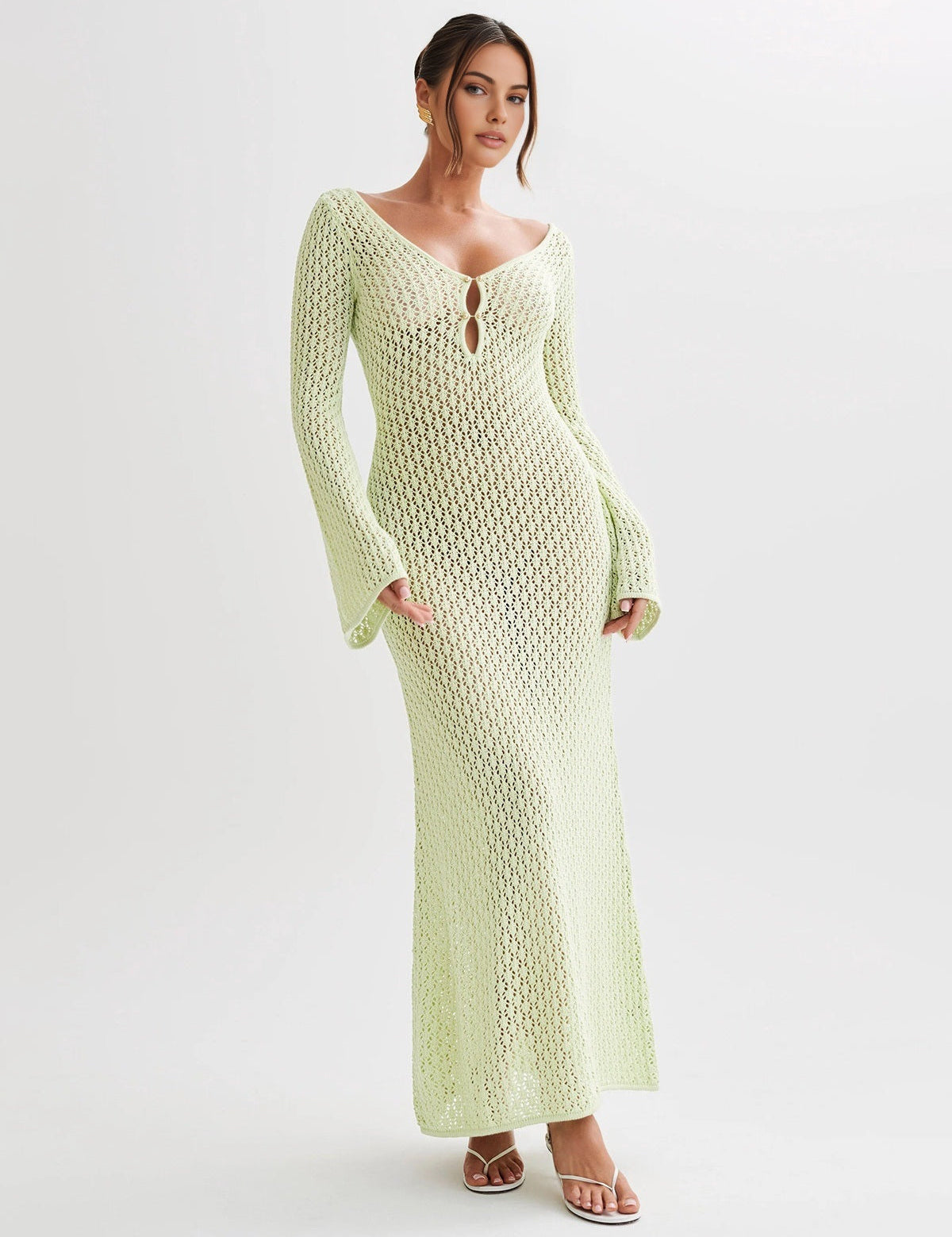 Crochet Long Sleeve Beach Cover Up Dress