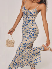 Floral Spaghetti Strap Maxi Dress with Ruched Front