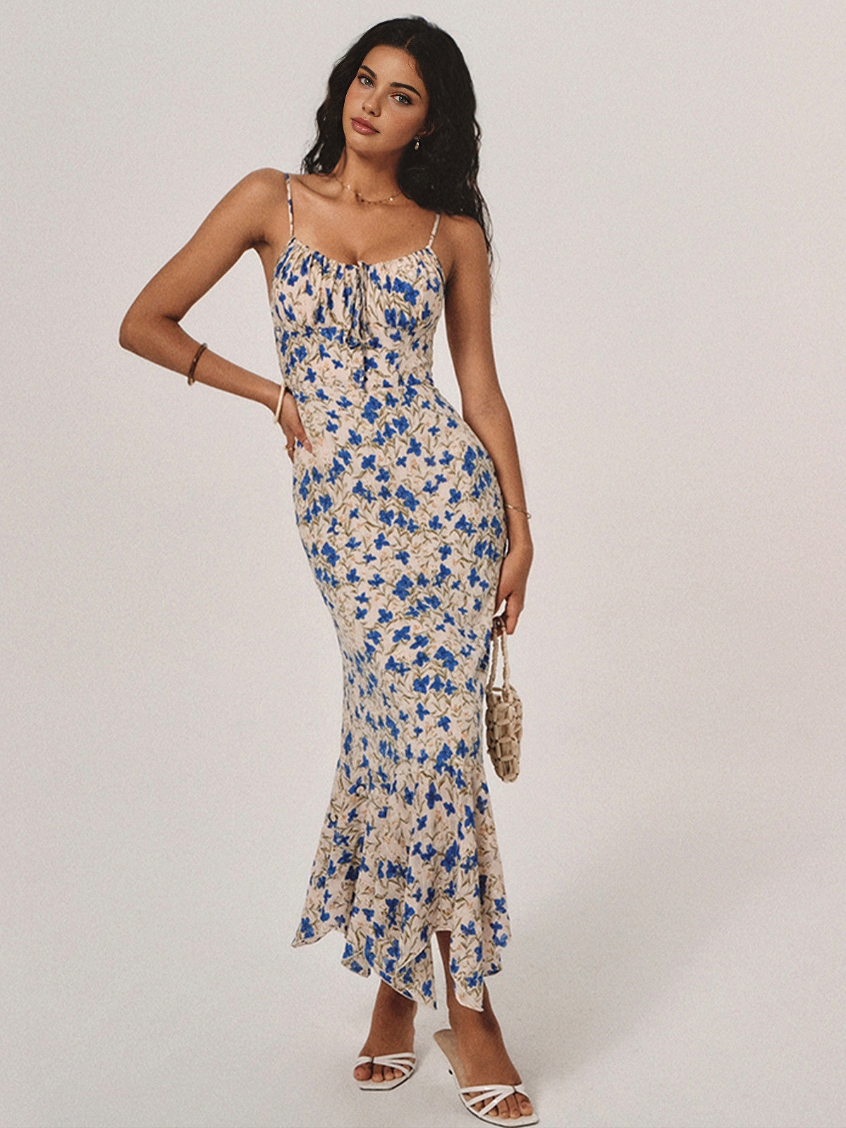 Floral Spaghetti Strap Maxi Dress with Ruched Front