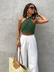 Linen Blend Crisscross Halter Crop Top