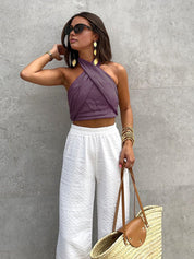 Linen Blend Crisscross Halter Crop Top