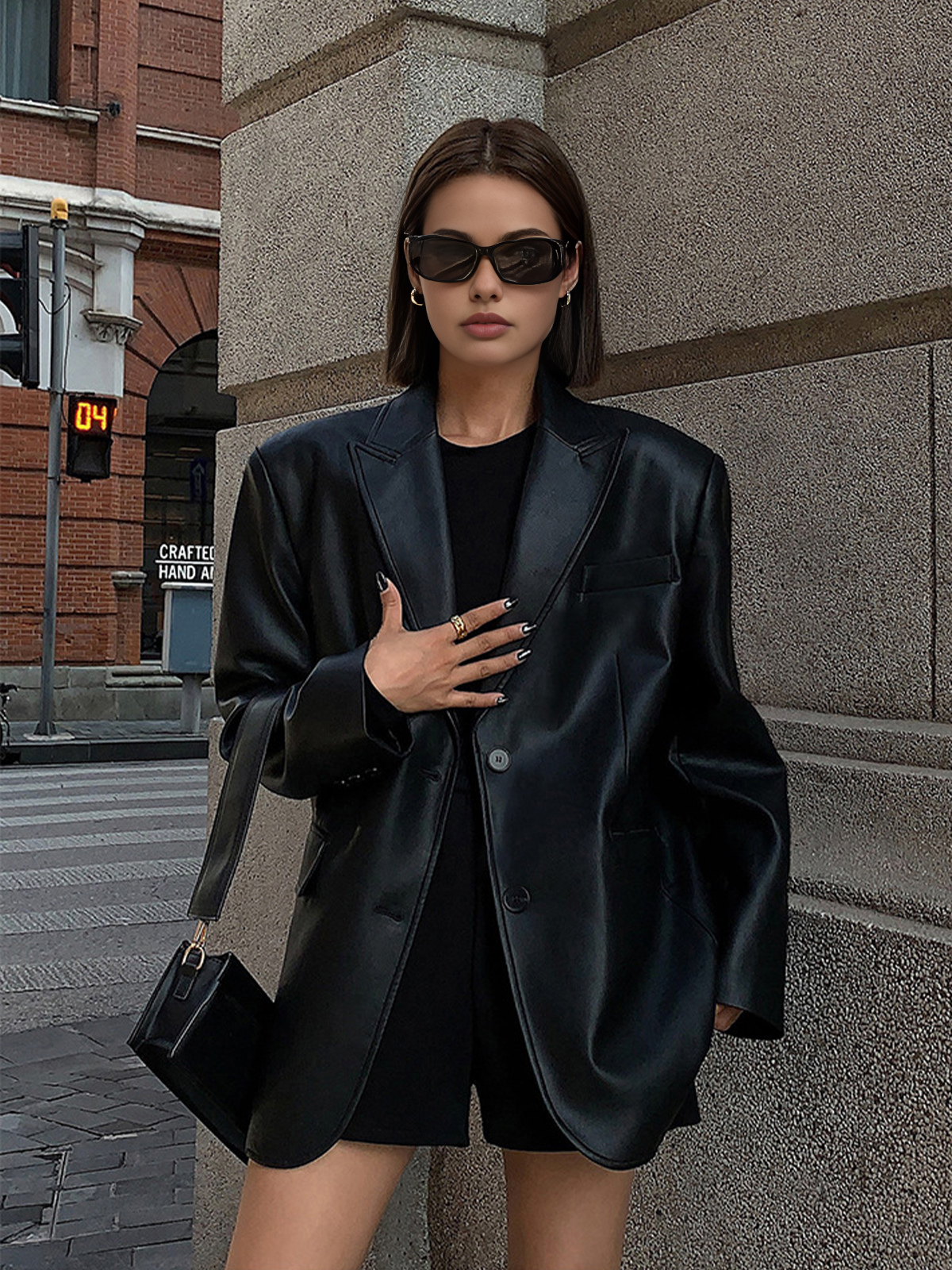 Oversized Faux Leather Blazer with Lapel