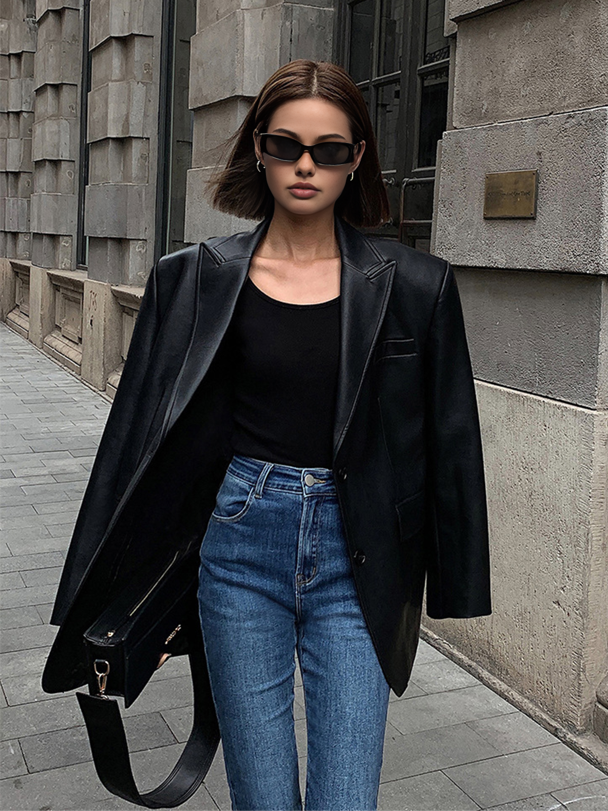 Oversized Faux Leather Blazer with Lapel