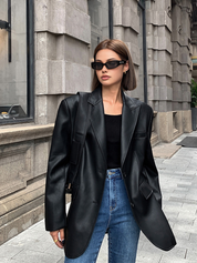 Oversized Faux Leather Blazer with Lapel