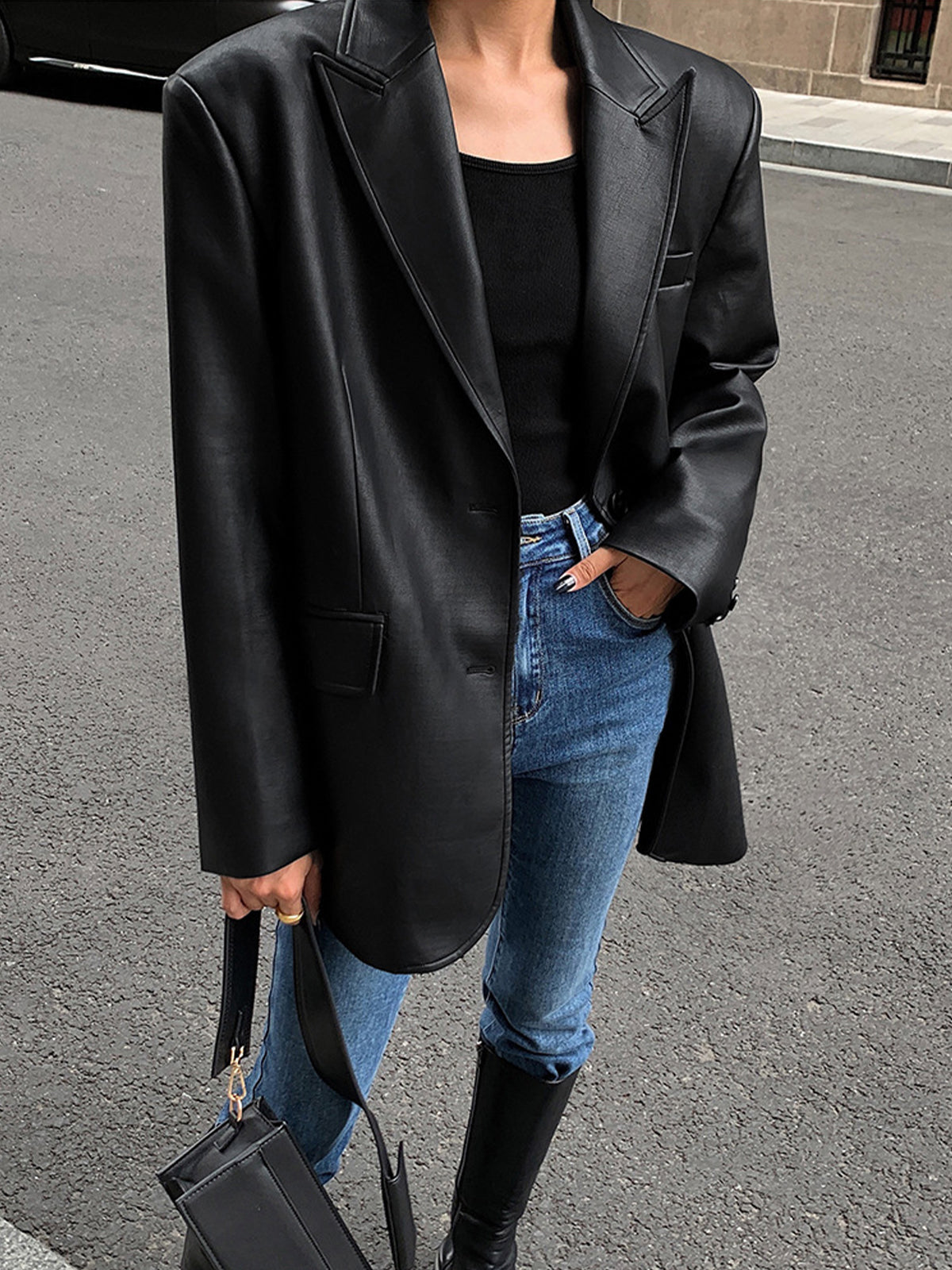 Oversized Faux Leather Blazer with Lapel