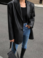 Oversized Faux Leather Blazer with Lapel