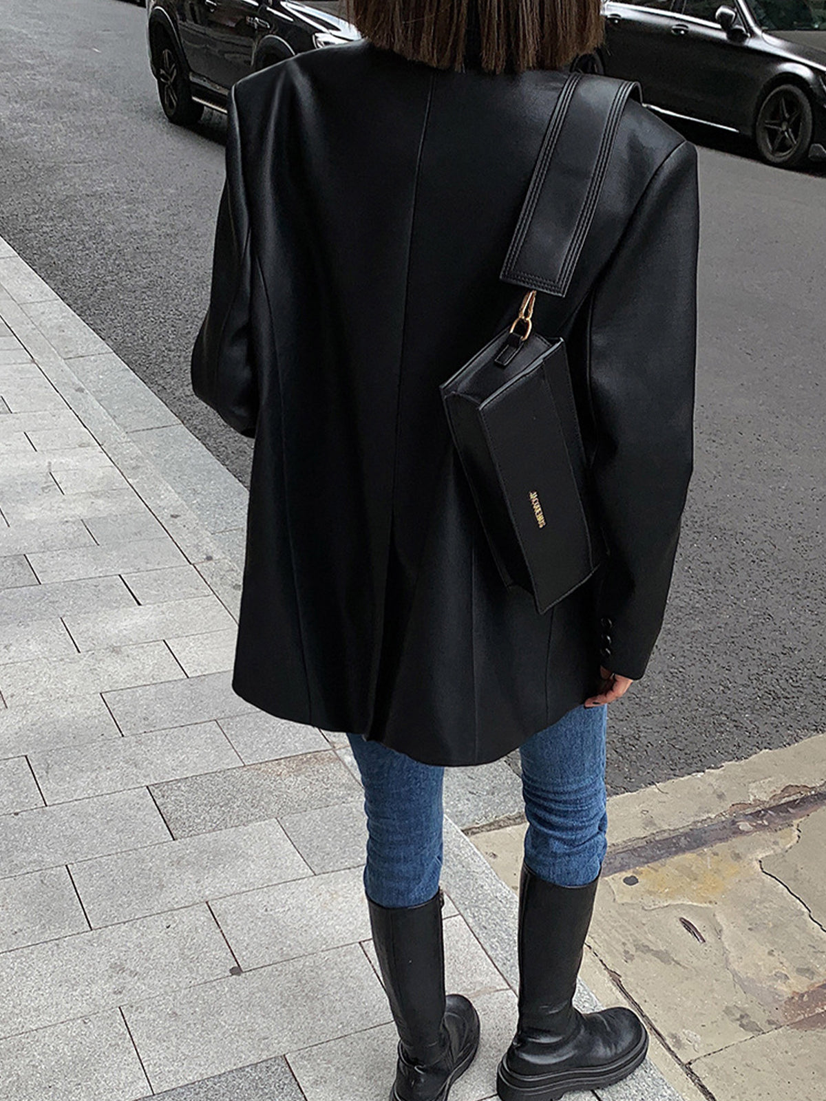 Oversized Faux Leather Blazer with Lapel