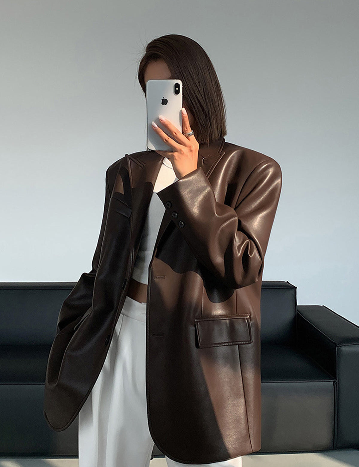 Oversized Faux Leather Blazer with Lapel