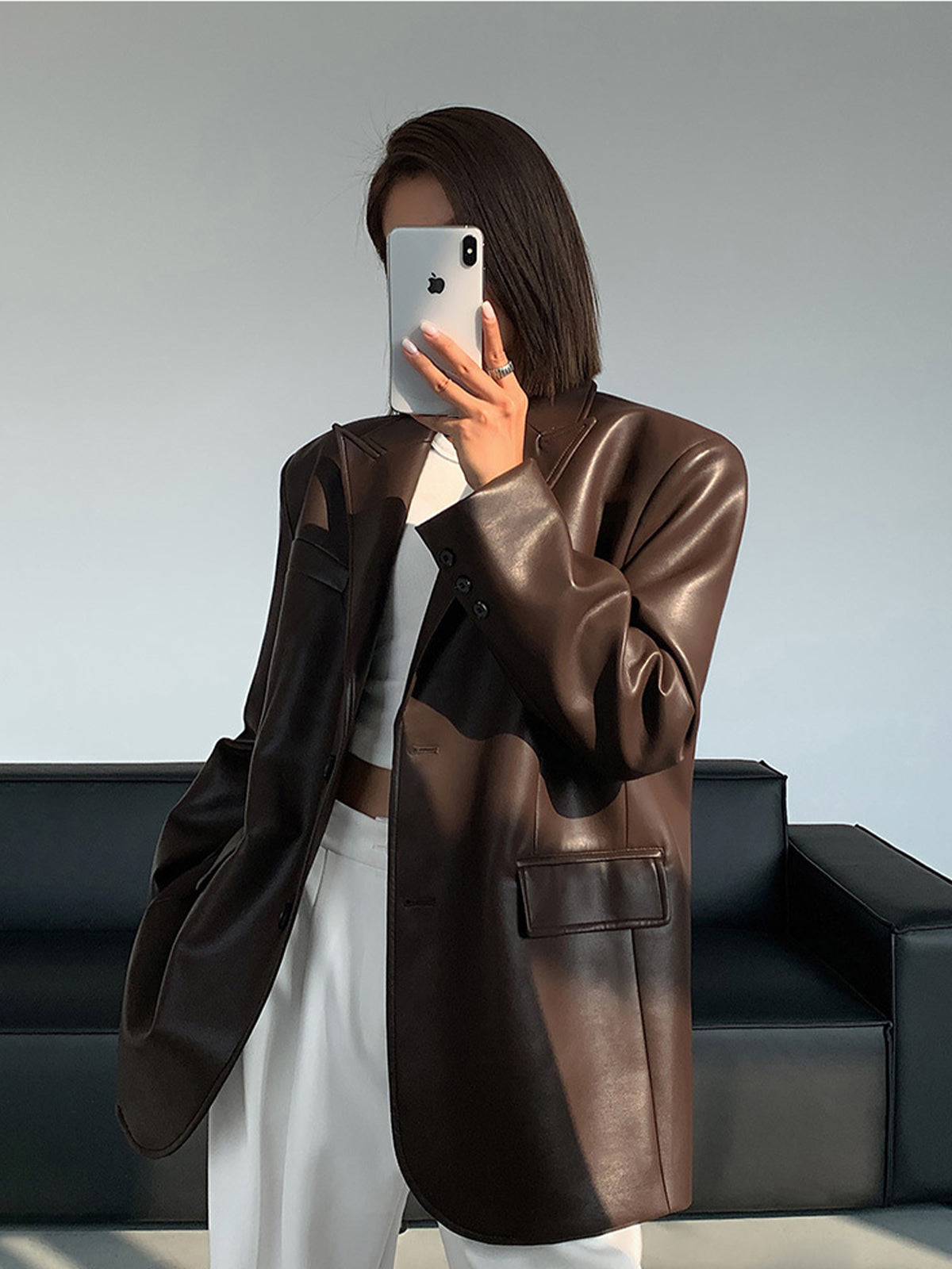 Oversized Faux Leather Blazer with Lapel