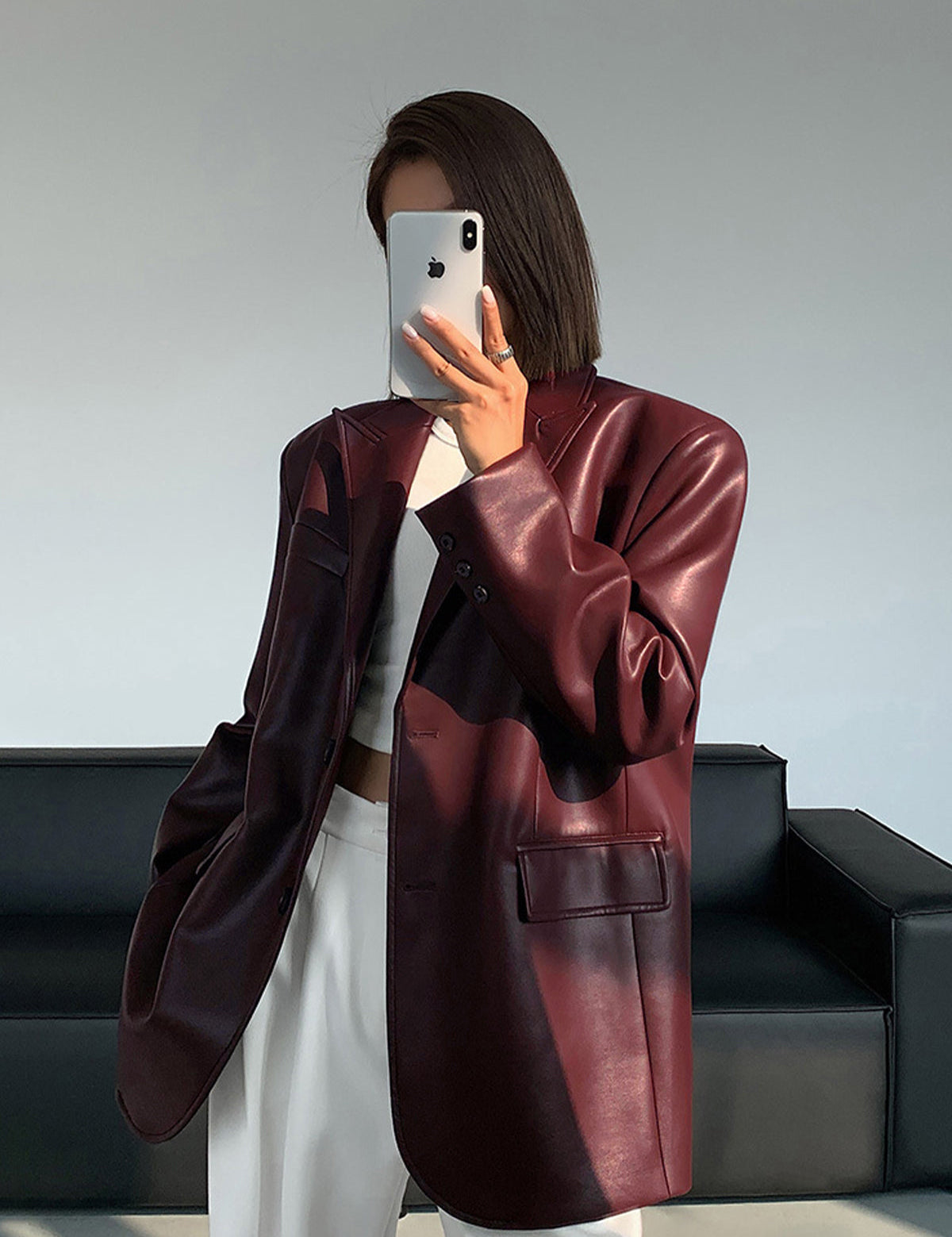 Oversized Faux Leather Blazer with Lapel