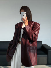 Oversized Faux Leather Blazer with Lapel