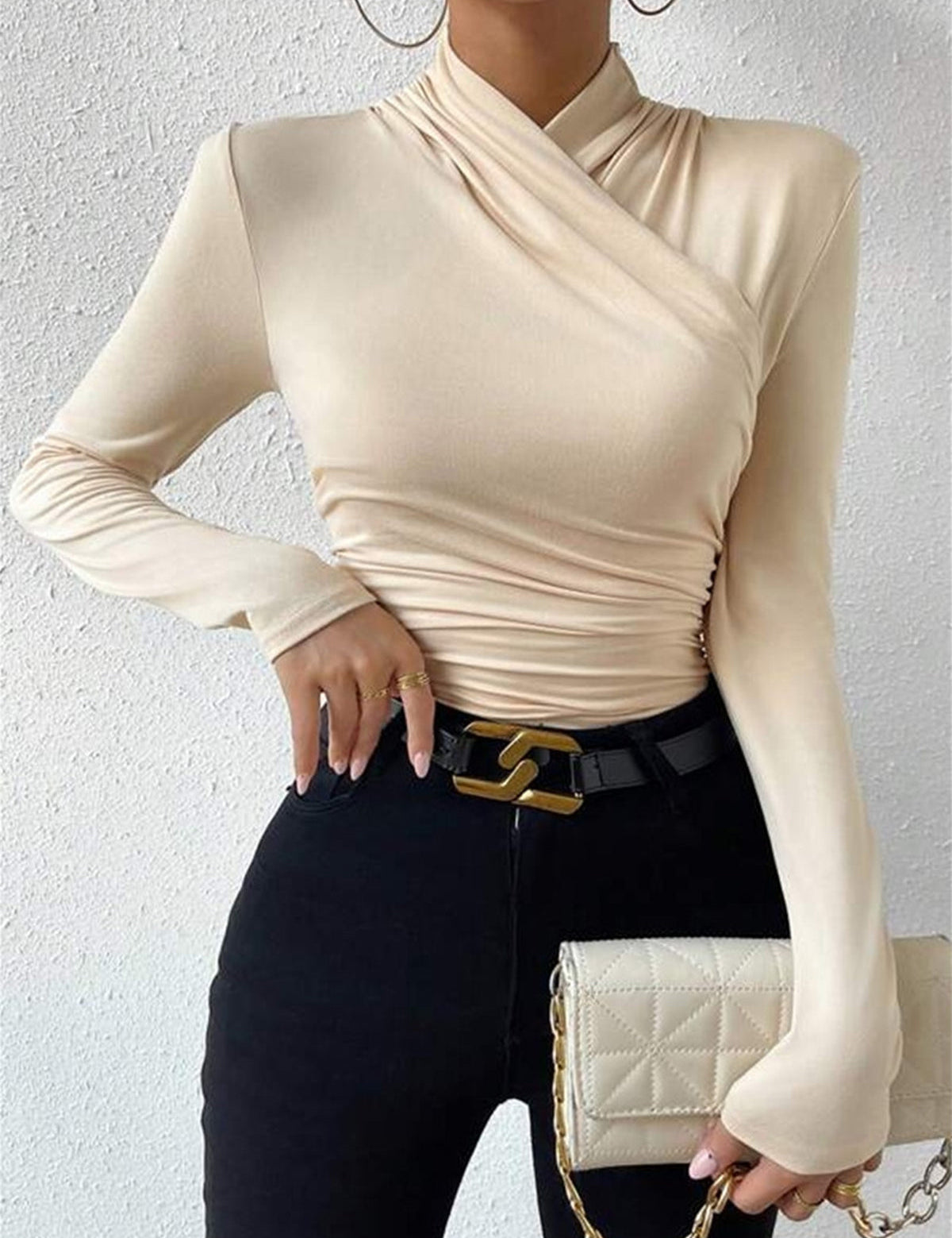 Draped Crossover Long Sleeve Top
