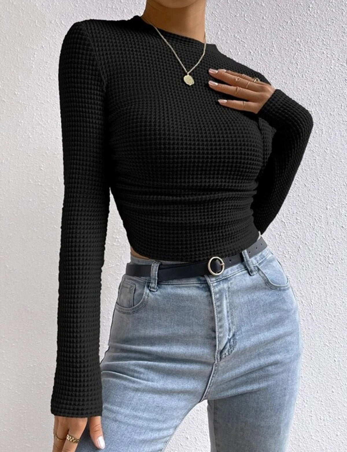 Waffle Knit Long Sleeve Top