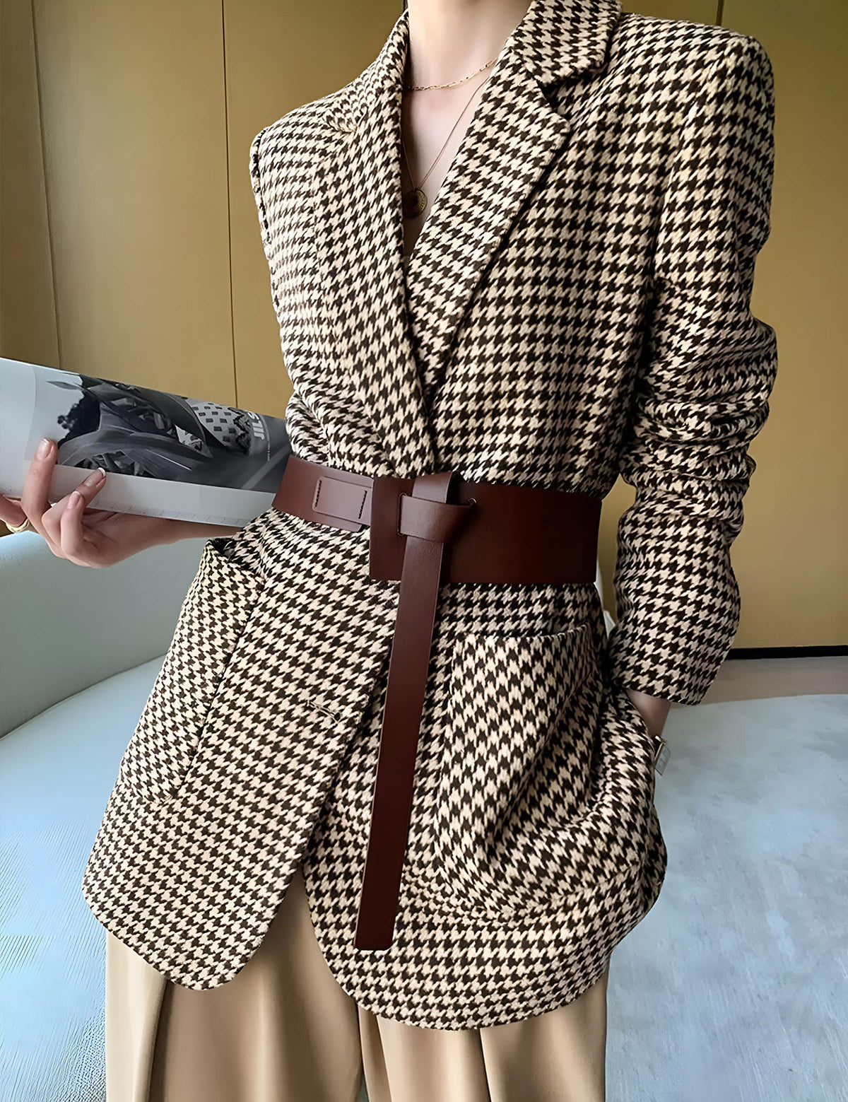 Houndstooth Belted Split-Hem Blazer