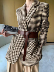Houndstooth Belted Split-Hem Blazer