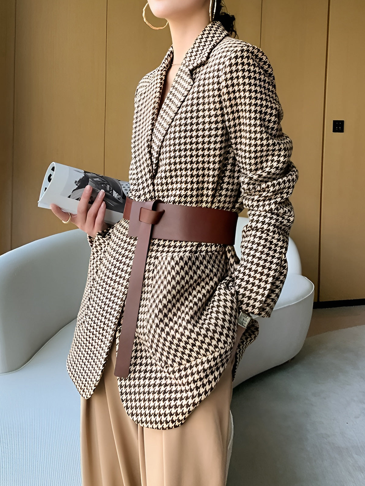 Houndstooth Belted Split-Hem Blazer