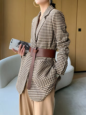 Houndstooth Belted Split-Hem Blazer