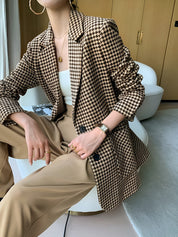 Houndstooth Belted Split-Hem Blazer