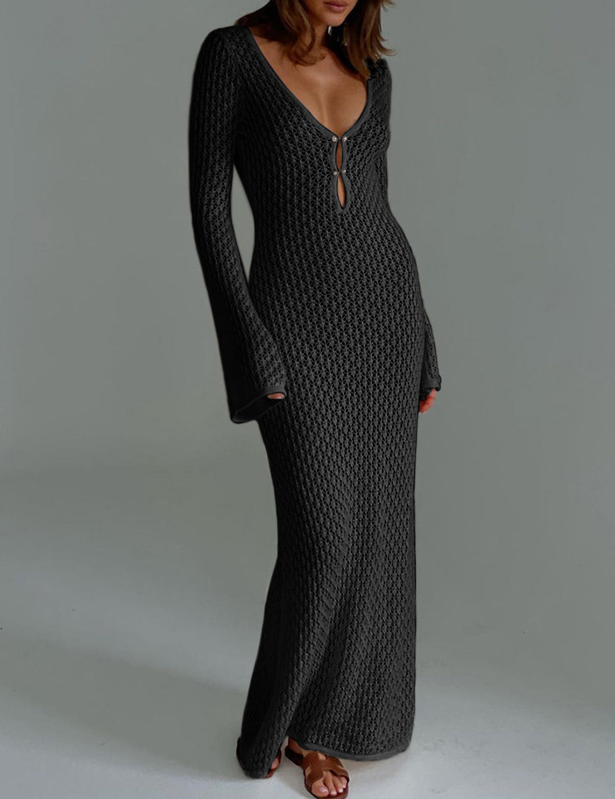 Crochet Long Sleeve Beach Cover Up Dress