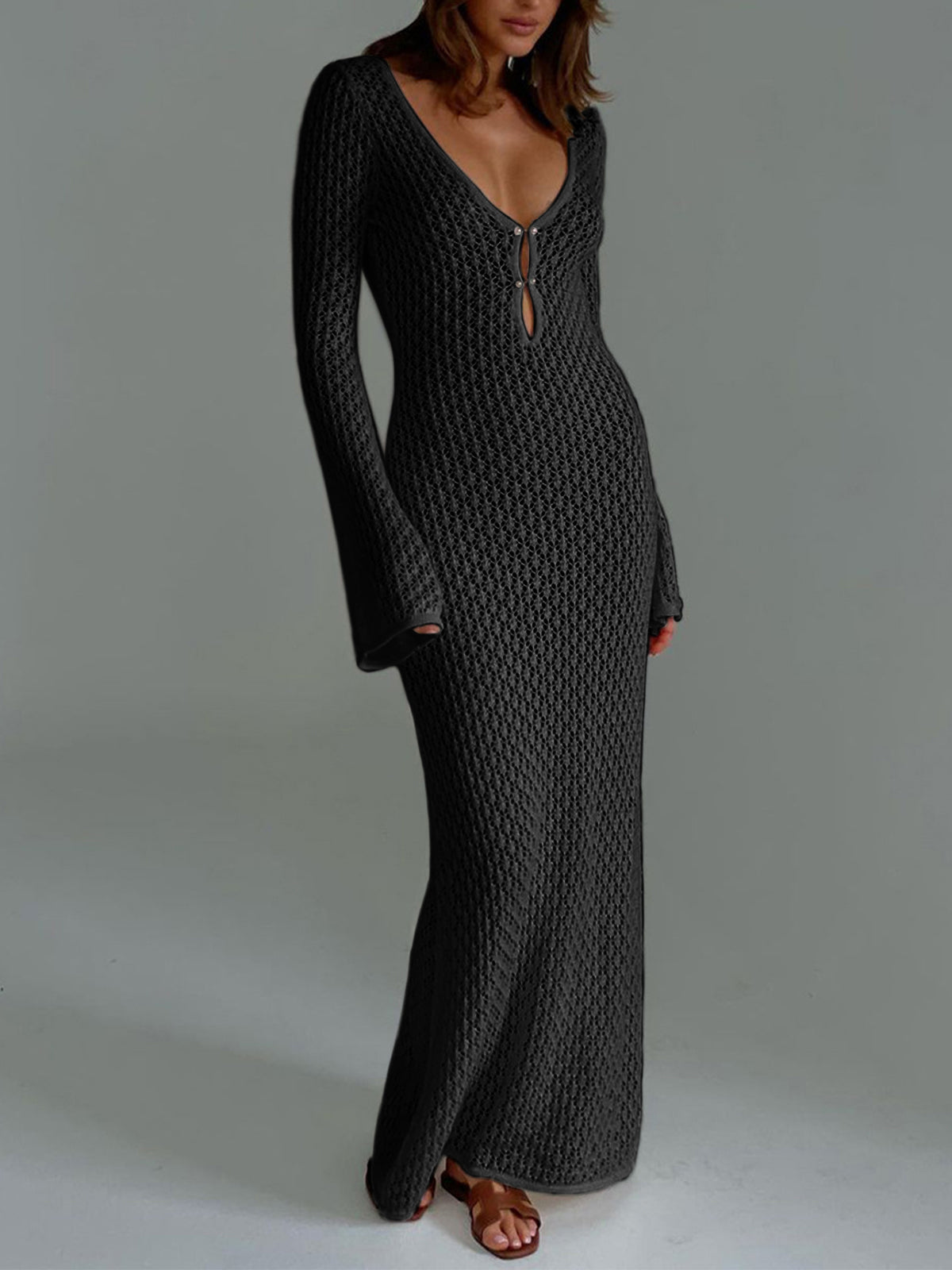 Crochet Long Sleeve Beach Cover Up Dress