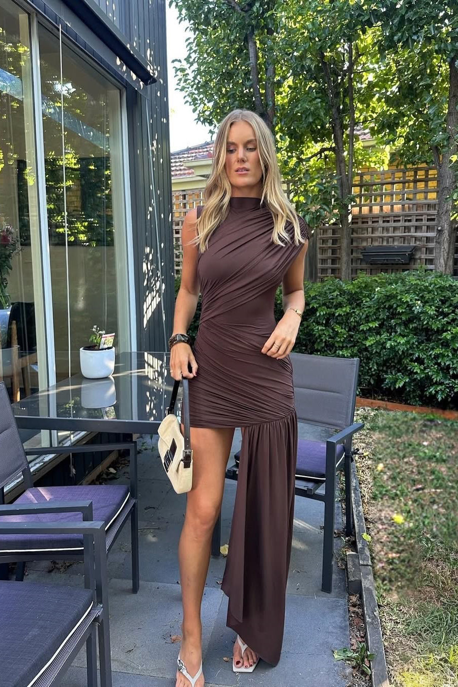 Asymmetric Ruched Chocolate Brown Mini Dress