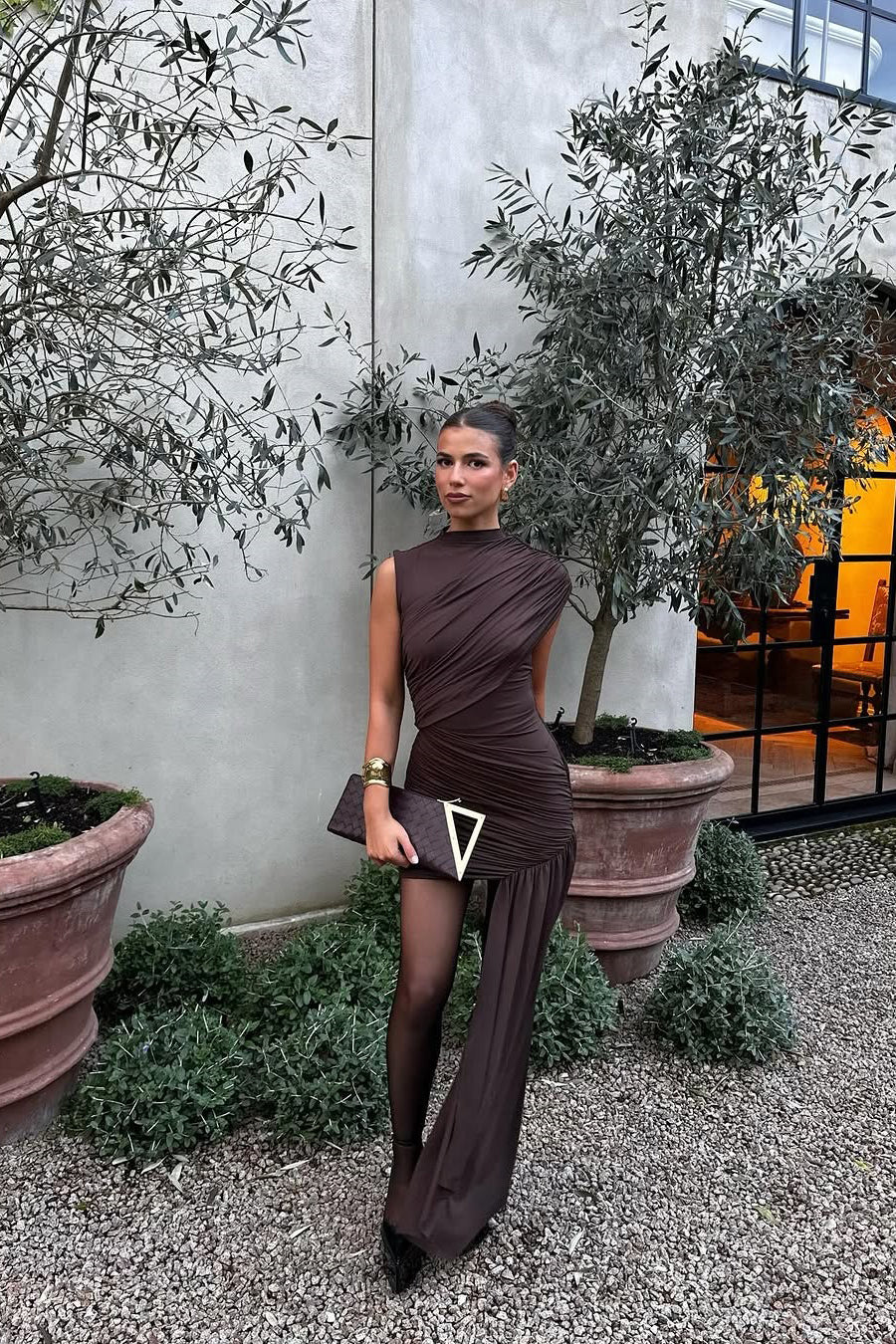 Asymmetric Ruched Chocolate Brown Mini Dress