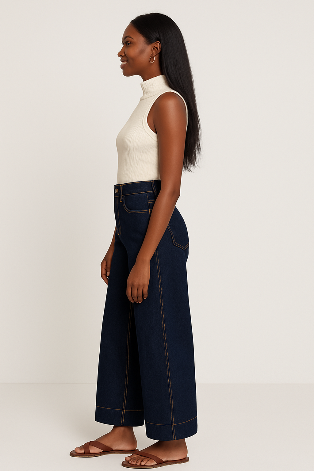 Contrast Stitch Wide Leg Denim Jeans