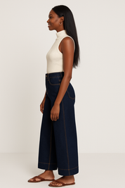 Contrast Stitch Wide Leg Denim Jeans