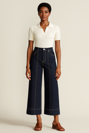 Contrast Stitch Wide Leg Denim Jeans