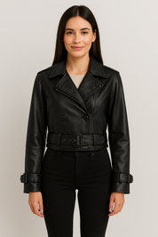 Cropped Faux Leather Trench Jacket