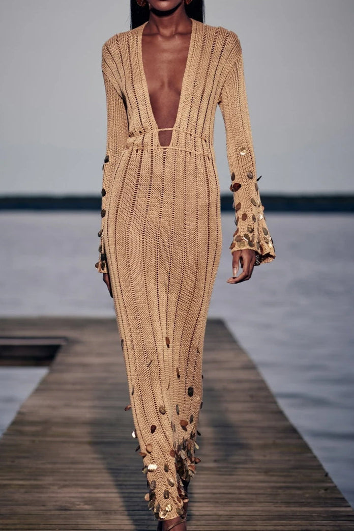 Gold Knit Maxi Dress with Sequins