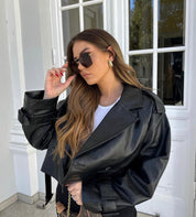 Cropped Faux Leather Trench Jacket