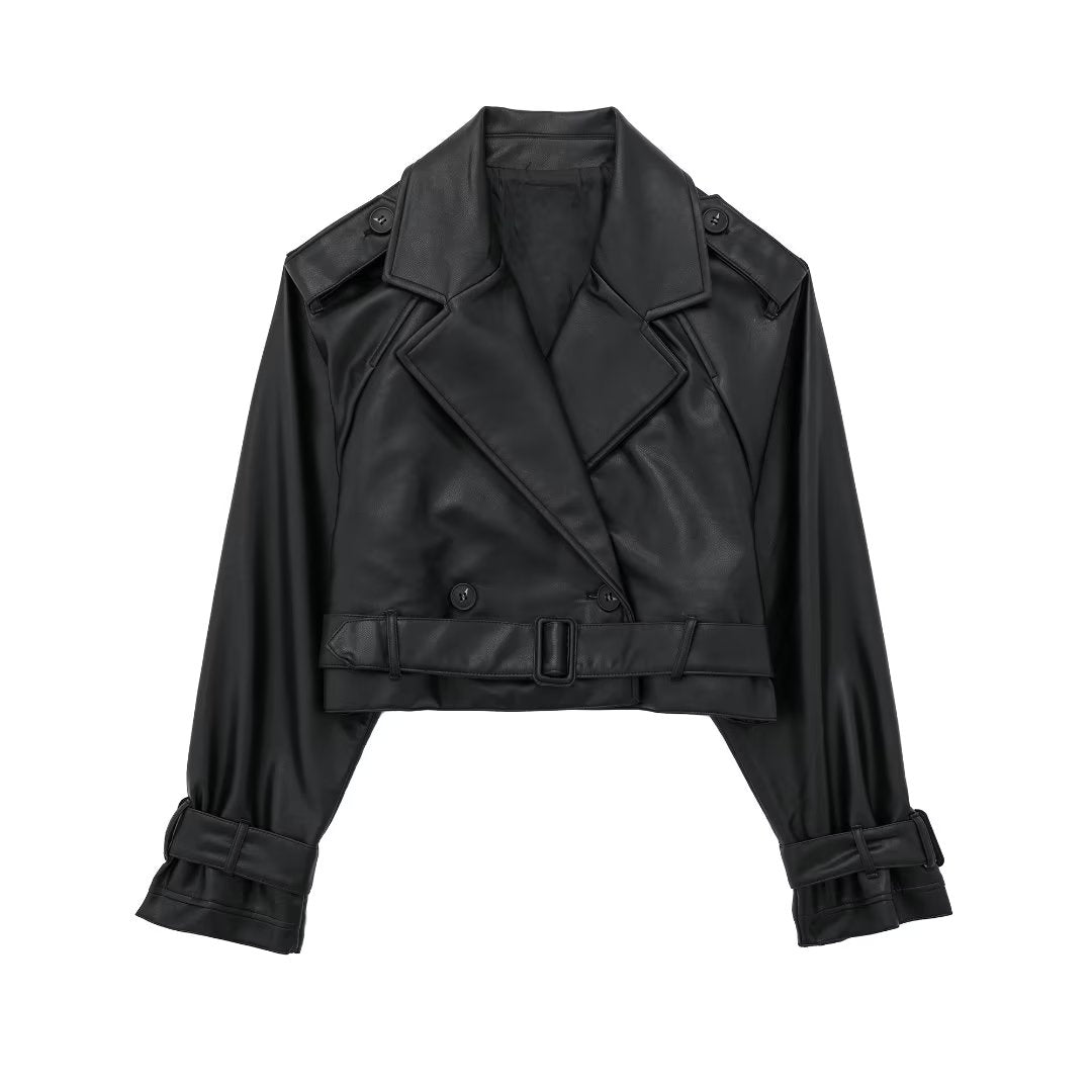 Cropped Faux Leather Trench Jacket