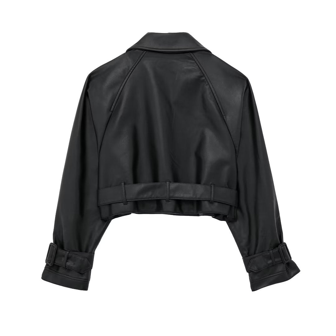 Cropped Faux Leather Trench Jacket