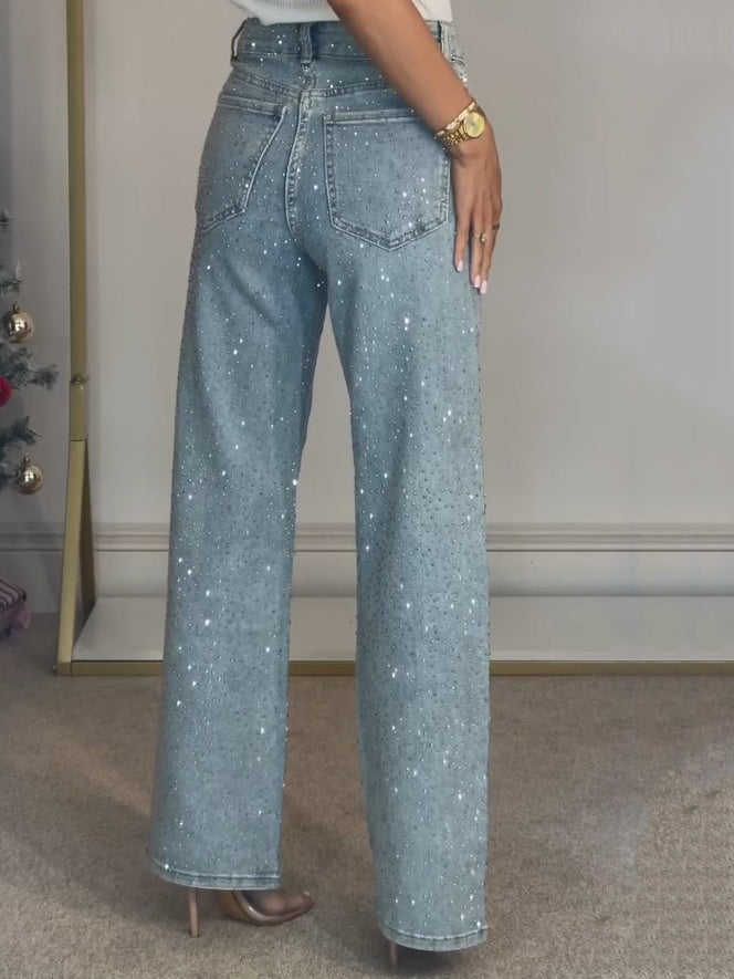 High Waist Diamanté Straight Jeans