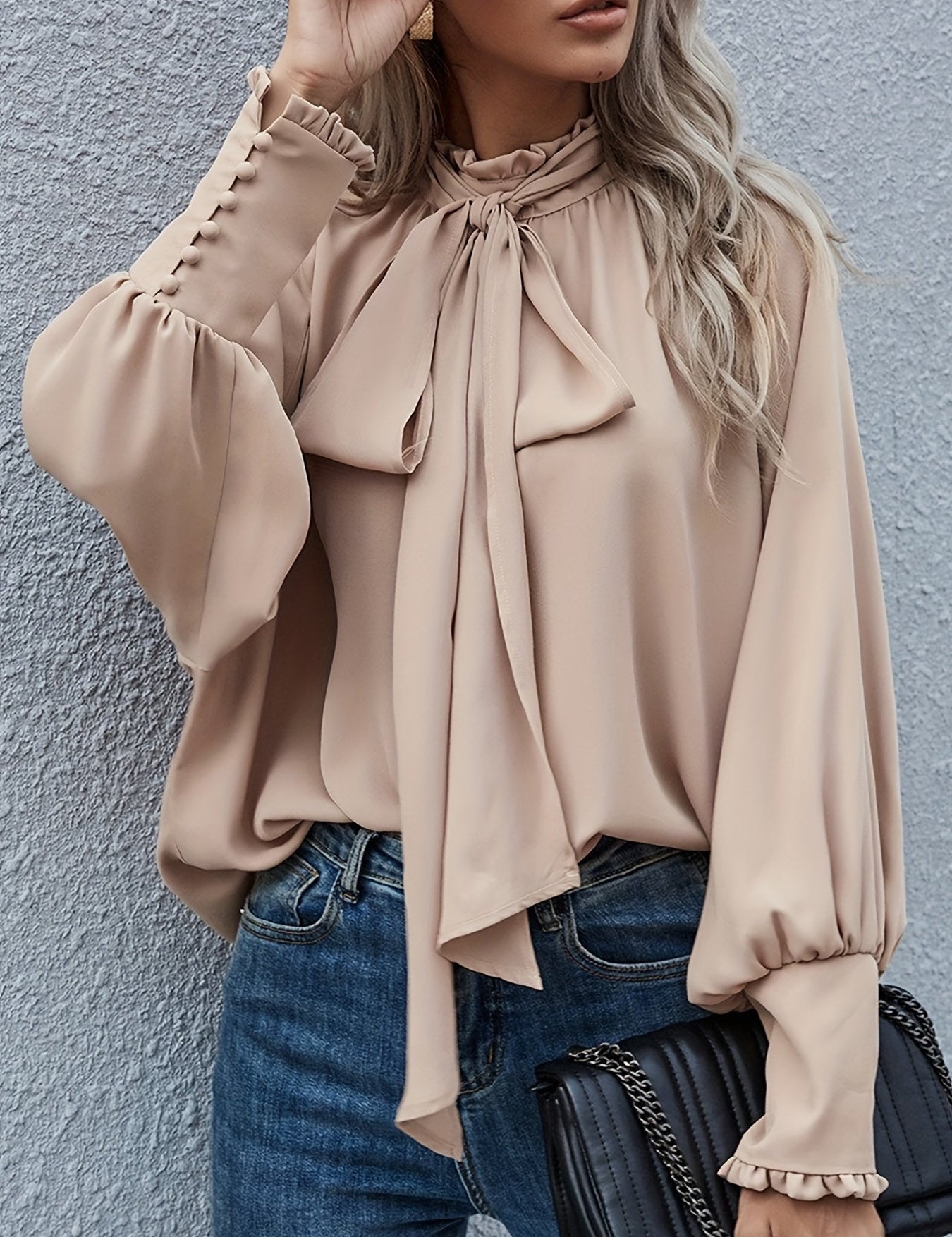 Long Sleeve Blouse with Tie Neck